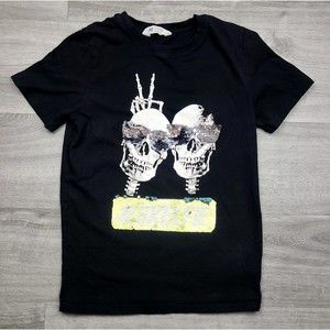 H&M Tee | Black with Skulls and Interactve Sequin Skelfie | Youth 10-12